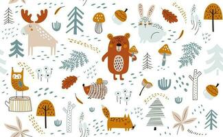 Vector seamless pattern with hand drawn wild forest animals,