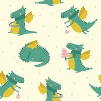 Seamless pattern with cute green dragon. Christmas pattern.  Vector illustrations