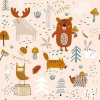 Vector seamless pattern with hand drawn wild forest animals,