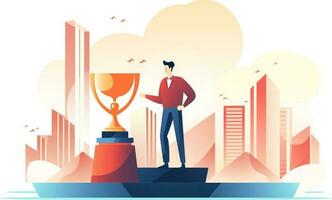 Businessman standing on the podium and reaching a trophy, cityscape in background. vector