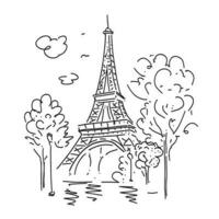 Eiffel Tower in the cityscape, trees and lanterns. Symbol of France. Vector illustration in a linear style.