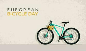 European Bicycle Day. Banner. Mountain bike with a helmet near a wall with a grunge background. Vector illustration