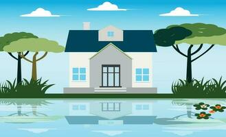 Green valley landscape. Summer season on lake with picturesque view. Houses vector