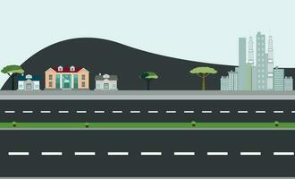 Flat vector cartoon style illustration urban landscape with two line road skyline city office buildings, family houses in small town and blue sky with green trees, hill in background.