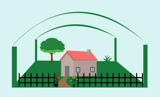 Landscape design house icon. green house with sky, vector. vector