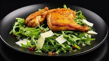 Crispy Delight, Fried Chicken with Zesty Arugula Salad on a Black Plate. Generative AI photo