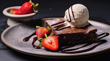 Brownie cake with a scoop of vanilla ice cream and strawberries. photo