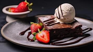 Brownie cake with a scoop of vanilla ice cream and strawberries. Generative AI photo