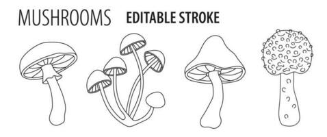 Set of mushrooms with editable stroke. Good for groovy, hippie, mystical style vector