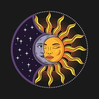 Eclipse with sun, crescent moon. Mythological medieval fairytale characters with face, magic, mystical, astrology symbols. Design for tattoo, astrology, stickers, tarot. Retro style. vector