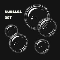 Set of foam soap bubbles on black background in vintage style. Vector black and white illustration.