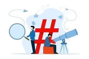 Hashtag SEO Concept, Shows how keyword hashtags have been planned for good SEO, Suitable for landing pages, ui, web, app intro cards, editorials, flyers and banners. Flat vector illustration.