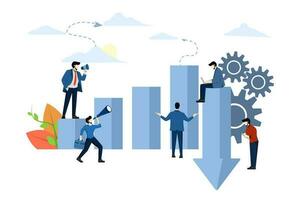 Investment management concept, companies engage in joint problem solving, sales decline, downward decline. company losses. descending graph. flat vector illustration on a white background.