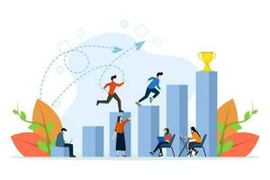 concept of people running to their goal in columns, motivation moving up, teamwork to achieve business goals. way to reach target, flat vector illustration on white background.