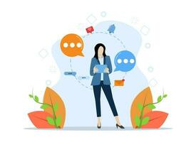 business woman standing and holding tablet, surfing social media, sending messages, chatting and getting notifications, several bubbles, location icon, flat vector illustration on a white background.