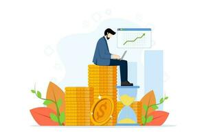 Concept of ROI, return on investment, financial solutions. People invest money. Woman managing financial chart. Vector illustration in flat design for UI, web banner, mobile app. vector illustration.