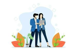 Man and woman with laptop discussing work. Office workers talking during business meeting. Can be used for websites, banners, infographics. Flat vector illustration on a white background.