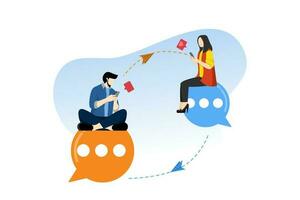 social medios de comunicación concepto. joven personas sentado en charla burbujas y hablando. en línea Fechado aplicaciones, mensajes de texto en teléfono chateando aplicaciones con amigos. plano vector ilustración en un blanco antecedentes.