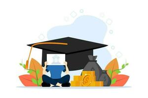 Concept of student loan, education credit, paid training. Students invest money in education. People pay tuition. Students take out educational loans at banks. Flat vector illustration.