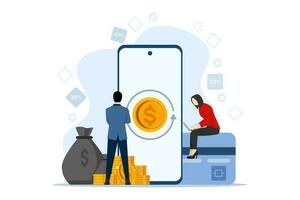Cash back concept. Save. refund. Stack coins and call with button to start cashback. character standing next to a big cell phone, Flat Vector Illustration on a white background.