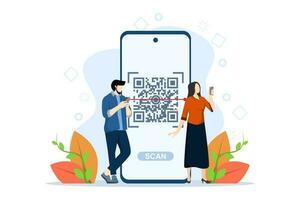 qr código exploración concepto, personaje haciendo código de barras exploración utilizando móvil teléfono. Perfecto para web aterrizaje páginas, ui, móvil aplicaciones, editorial diseño, volantes, pancartas y más, plano vector ilustración.