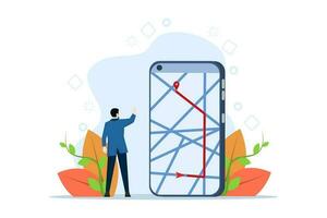 GPS navigation service application concept. man using smartphone map app. Look for map navigation in the app. Location pin on screen. GPS technology. White background isolated vector illustration.