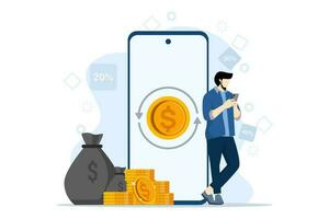 cashback concept. Keep. refund. Stack coins and call with buttons to initiate cashback. character standing next to a big cell phone. Flat Vector Illustration on a white background.