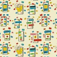 Seamless pattern with smartphones with various images. Communication, social networking concept. vector