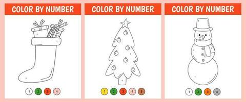 Set color by number game for kids. Cute snowman, sock with gift box, christmas tree. Christmas coloring page. Printable worksheet with solution for school and preschool. Learning numbers activity. vector