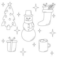 Set outline christmas retro groovy elements in 70s-80s style. Sock with gift, mug with cocoa and marshmallow, christmas tree, gift box, snowman. New year vector cartoon symbols.