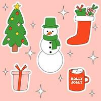 Set christmas retro groovy stickers in 70s-80s style. Sock with gift, mug with cocoa and marshmallow, christmas tree, gift box, snowman. New year vector cartoon symbols.