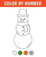 Color by number game for kids. Cute snowman. Christmas coloring page. Printable worksheet with solution for school and preschool. Learning numbers activity. Vector cartoon illustration.