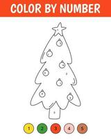 Color by number game for kids. Cute christmas tree. Christmas coloring page. Printable worksheet with solution for school and preschool. Learning numbers activity. Vector cartoon illustration.