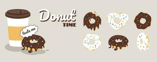 rosquilla con asperja donas un taza de café y un conjunto de rosquillas con chocolate o crema. rosquilla y café tiempo, menú. rosquilla vector y Arte acortar diseño.