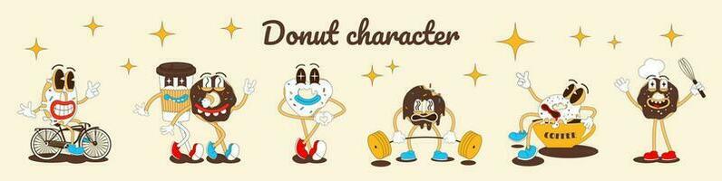 Donut retro cartoon stickers. Groovy Funky Vector in trendy retro psychedelic cartoon style. Funny donut for bakery, cafe, restaurant.