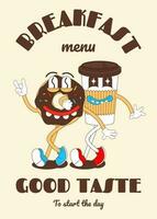 Donut character, retro mascot character, breakfast menu, cafe, restaurant, bakery. vector