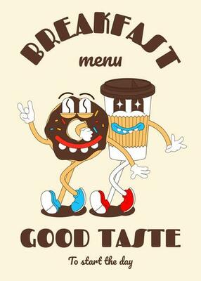 Donut character, retro mascot character, breakfast menu, cafe, restaurant, bakery.