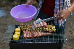 Meat and skewers ingredients for barbecue party are placed on grill to cook barbecue and make it ready for family to join barbecue party tonight.  party background image has Copy Space for text. photo