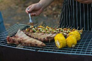 Meat and skewers ingredients for barbecue party are placed on grill to cook barbecue and make it ready for family to join barbecue party tonight.  party background image has Copy Space for text. photo