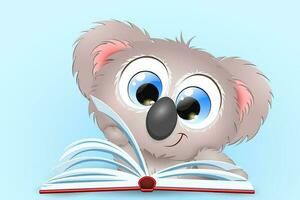 Cute fluffy funny cartoon little Koala with open book. Knowledge concept vector