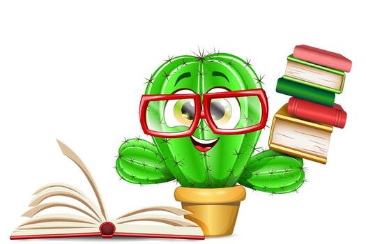 Funny nerd cactus character with red eyeglasses and books. Knowledge, education concept vector