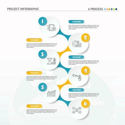Infographic process design with icons and 6 options or steps.