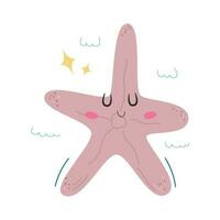 Cute purple starfish character with face. Sea animal colorful design for kids, print in cartoon flat style. Vector stock illustration isolated on white background