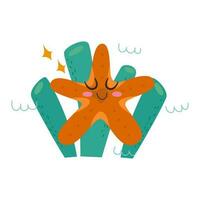 Cute orange starfish character with face and seaweed. Sea animal colorful design for kids, print in cartoon flat style. Vector stock illustration isolated on white background