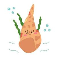Cute orange sea shell character with face and seaweed. Sea animal colorful design for kids, print in cartoon flat style. Vector stock illustration isolated on white background