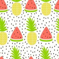 Pineapple watermelon simple vector seamless background in fresh fruit summer colors. Textile fabric ananas, melons in yellow and bright red Cute geometric summer vacation pattern design wallpaper wrap