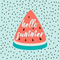 Hello Summer inscription on the background of watermelon on light blue. Vector illustration Calligraphy. Fresh fruit element for labels, logos, badges, stickers or icons. Inspirational summer quote