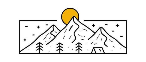 Camping under the mountain in mono line vector art illustration