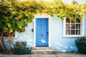 Ai generative.  Blue front door of traditional style home.  A front entrance of a home with a blue door. photo