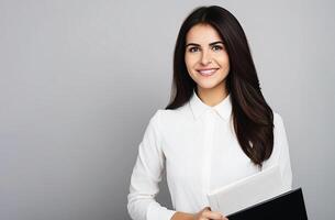 ai generativo. hermosa sonriente negocio mujer en blanco camisa participación carpeta en manos en contra gris antecedentes foto